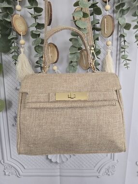 3AM Coastal Woven Natural Linen Satchel with Gold Hardware Crossbody Handbag